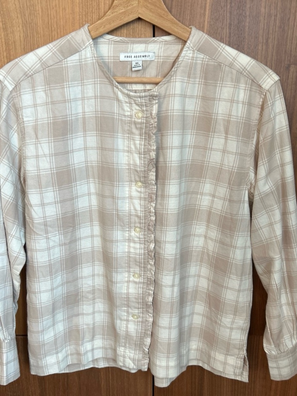 Women's Neutral Cream Plaid Button-Down Shirt with Ruffle Detail